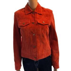 Y2K Clothes by Revue 100% leather women jacket Sz S Orange Button front pocket
